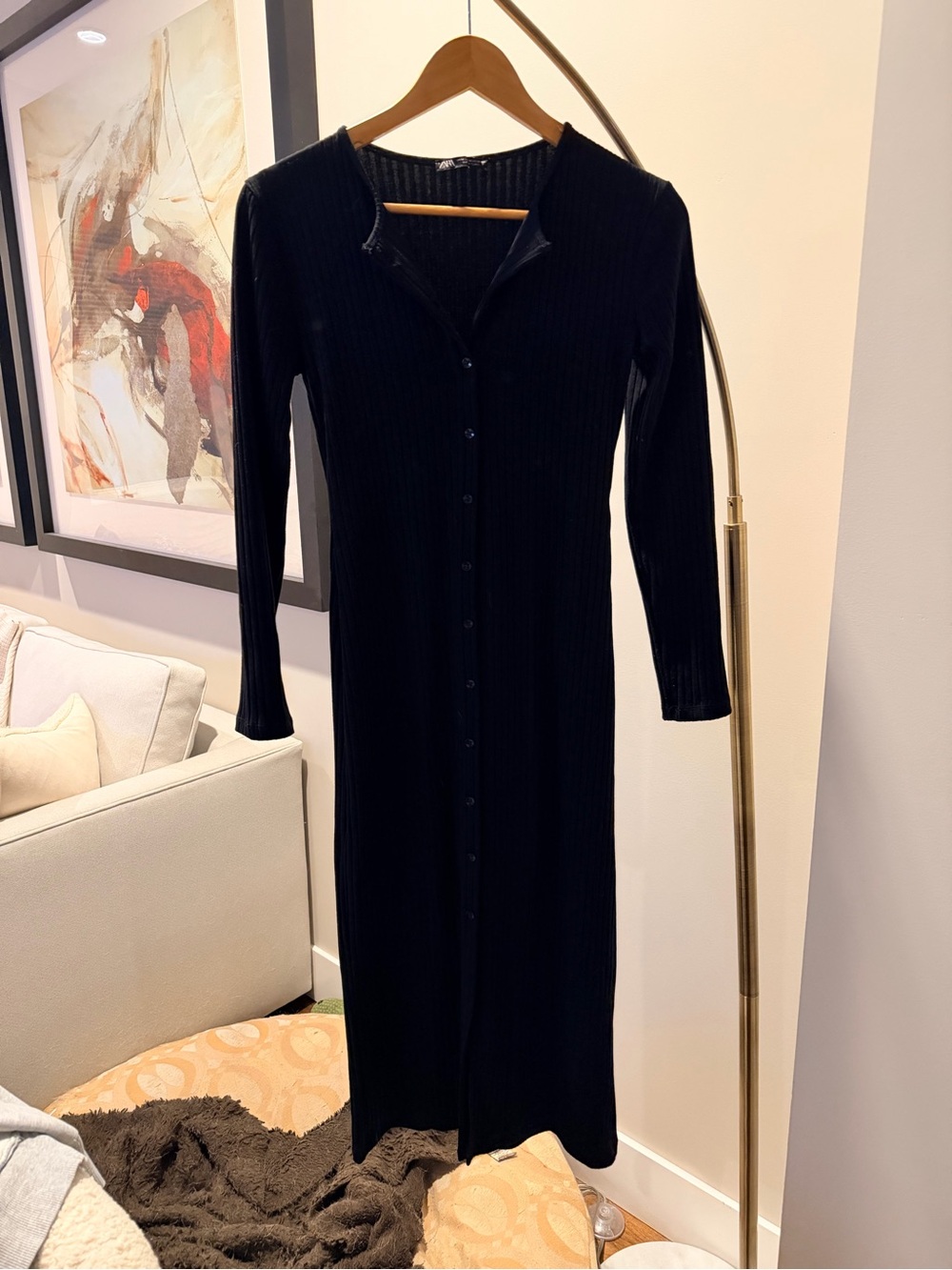 Zara Black Ribbed Button-Front Long-Sleeve Midi Dress